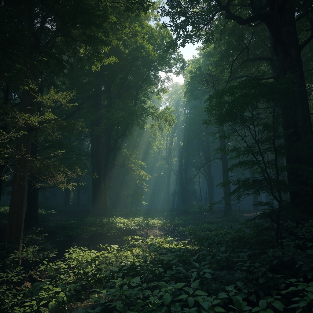 A dense mystical forest with sunbeams shining through the canopy, realistic, deep greenery, immersive woodland, 4k resolution, no people